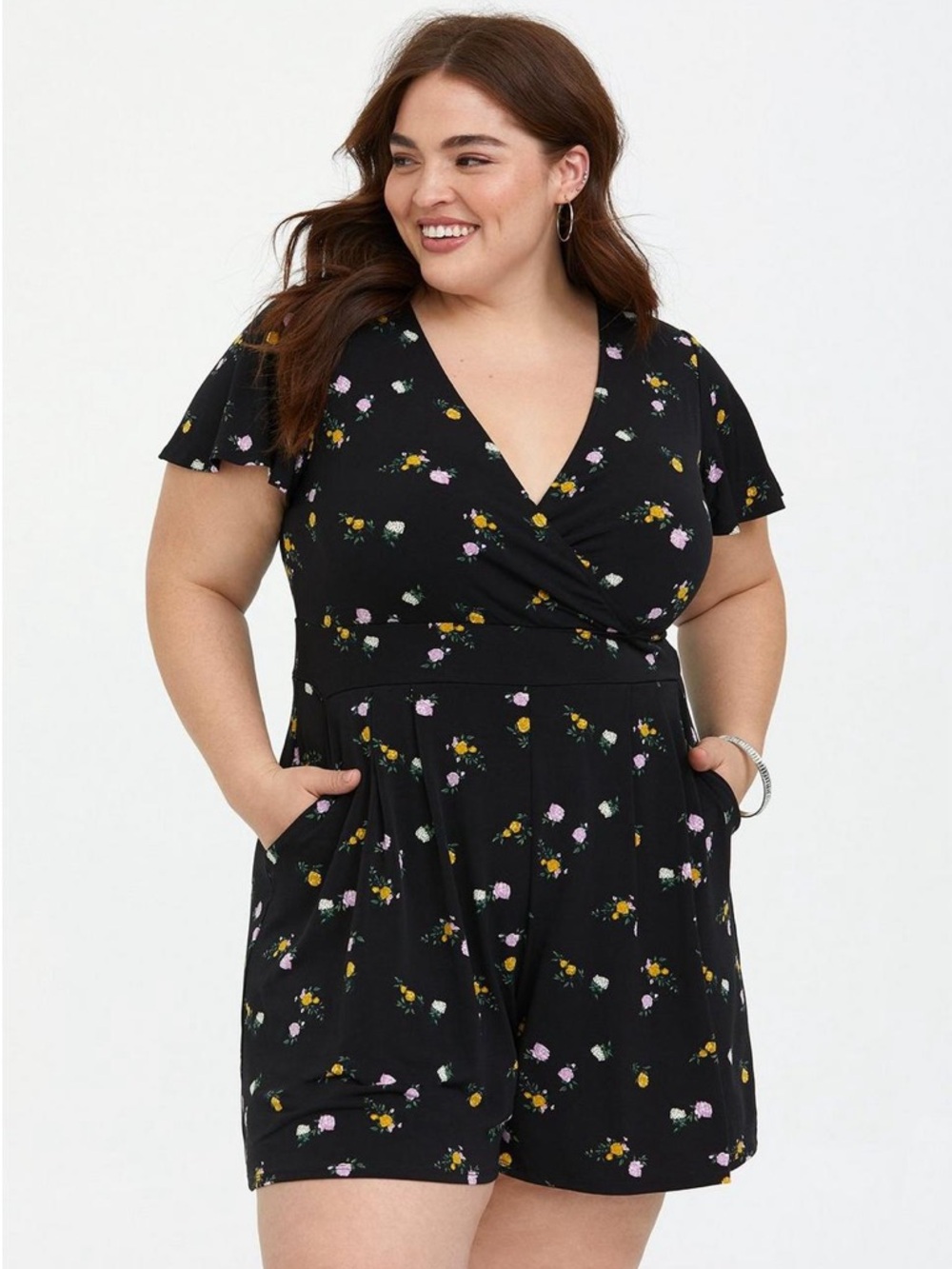 Torrid Studio Knit Flutter Sleeve Black Floral Romper with pockets size 0x